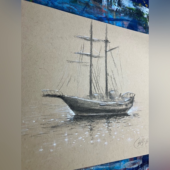 Original Sailboat Nautical Art Charcoal pastel painting Sketch Seascape artwork - Picture 2 of 6
